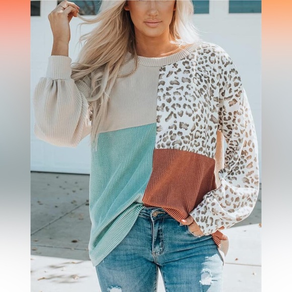 Women’s Crewneck Casual Long Sleeve Patchwork Printed Pullover Knit Sweater - Picture 2 of 9